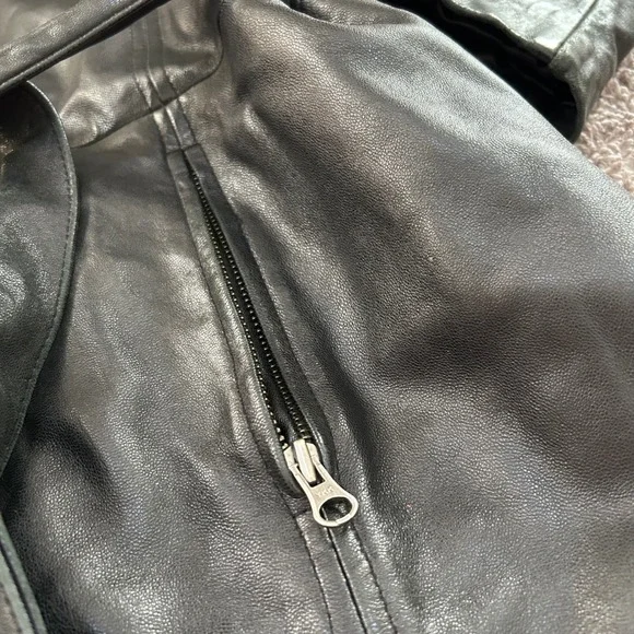 Kasper Leather Coat XL‎ Belted Fur Trim Hooded Black Winter Jacket Women vintage - Picture 9 of 11